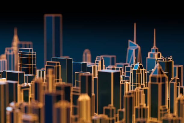 high-tech-skyline-hologramm der stadt. 3d-rendering. - wolkenkratzer stock-fotos und bilder