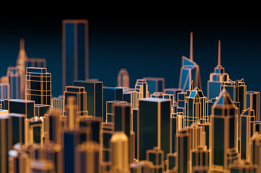 Holograma del horizonte de la ciudad de alta tecnología. Renderizado 3D. photo