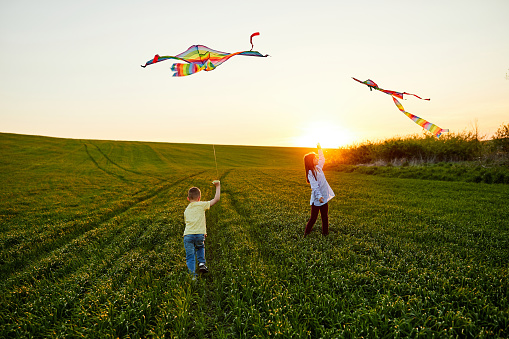 Happy children launch a kite in the field at sunset. Little boy and girl on summer vacation.