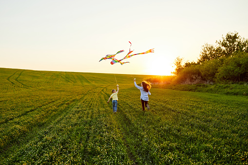 Happy children launch a kite in the field. Little boy and girl on summer vacation.