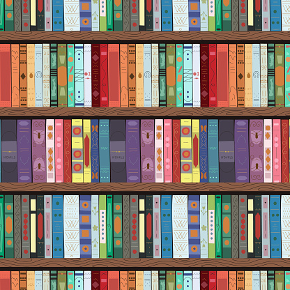 Wooden bookcase full of different books. Seamless pattern. Education library and bookstore concept. Vector illustration.