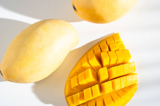 istock Juicy ripe yellow Thai mango on a white background. Hard light and shadow from a palm tree. 1399570538