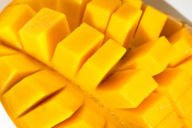 istock Juicy ripe yellow Thai mango on a white background. Hard light and shadow from a palm tree. 1399570923
