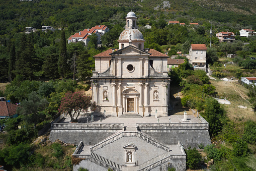 Aerial view of the Church of the Holy Virgin Mary in Montenegro.