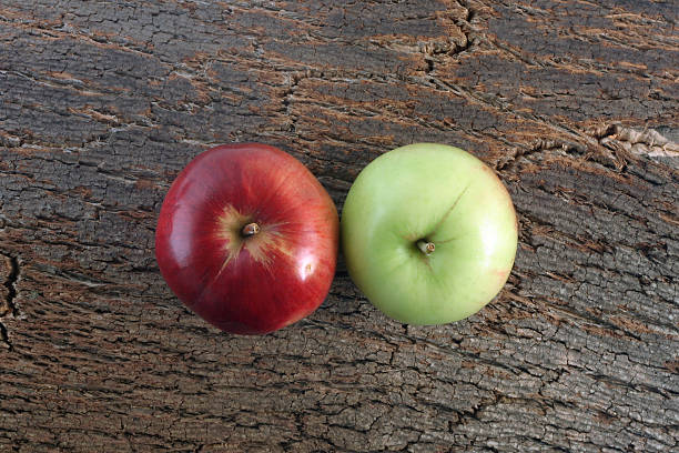 Two apples on a bark piece stock photo