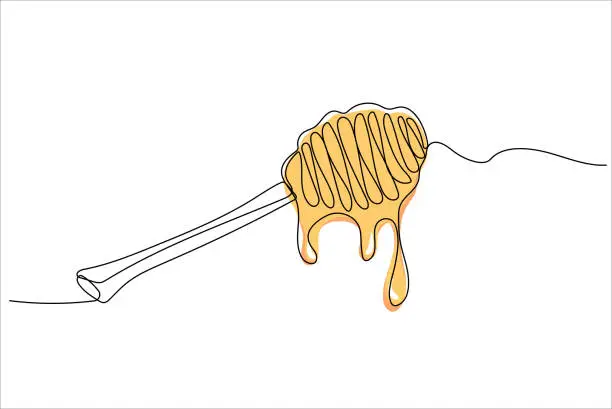 Vector illustration of Continuous one line drawing of honey dripping from a wooden honey dipper isolated on white background
