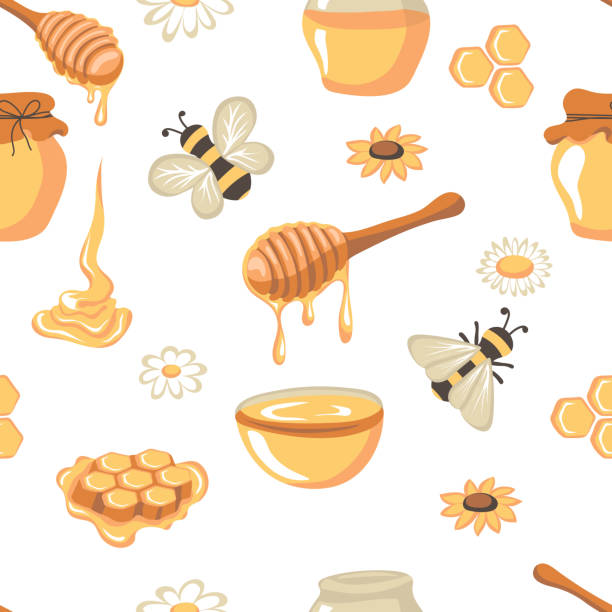 nahtloses muster mit honig, der aus einem hölzernen honiglöffel, bienen, gläsern, blumen und waben tropft - bee flower backgrounds golden sunflower stock-grafiken, -clipart, -cartoons und -symbole