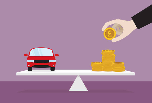 Car and a stack of a UK pound coin on the lever Car and a stack of a UK pound coin on the lever british coins stock illustrations