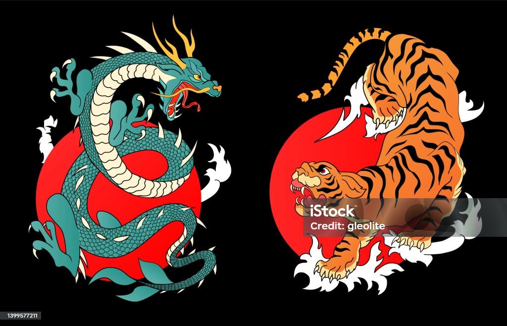 Japanese Mythological Animals Or Asian Traditional Symbol For Tattoo Or  Label Dragon And Tiger Hand Drawn Line Art Vintage Old Ink Vector  Illustration Stock Illustration - Download Image Now - iStock