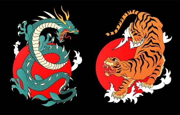 Vector illustration of Japanese mythological animals or Asian traditional symbol for tattoo or label. Dragon and Tiger Hand drawn line art Vintage old ink. Vector illustration.