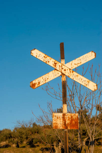 Train level crossing sign with blue sky in vertical