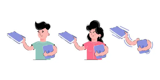 Vector illustration of Set on the theme of education. A girl and a boy are holding a textbook, a book in their hands. Element for the design of presentations, applications and websites. Trend illustration.