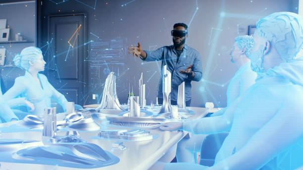 Man in cyberspace of meta universe discussing architectural project A man wearing vr glasses in the cyberspace of the meta universe at an online meeting, discussing a holographic 3D architectural design of a futuristic sustainable city of the future. virtual reality stock pictures, royalty-free photos & images