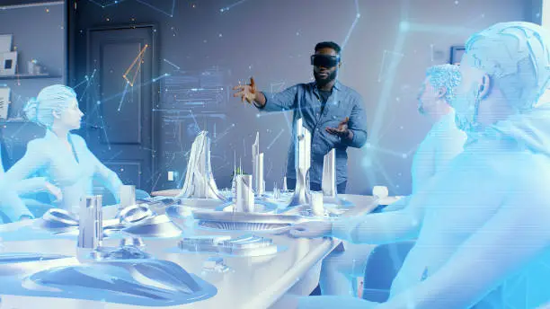 Photo of Man in cyberspace of meta universe discussing architectural project