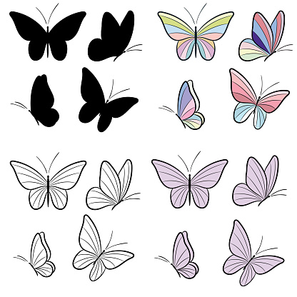 Vector butterfly elements, butterfly silhouettes, colorful hand drawn symbols