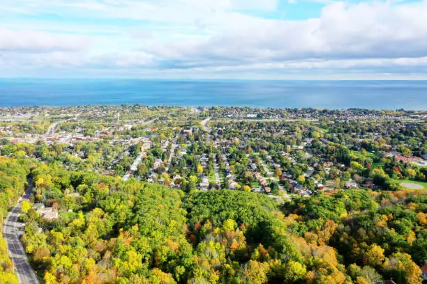 An aerial of Grimsby, Ontario, Canada with lake in background
