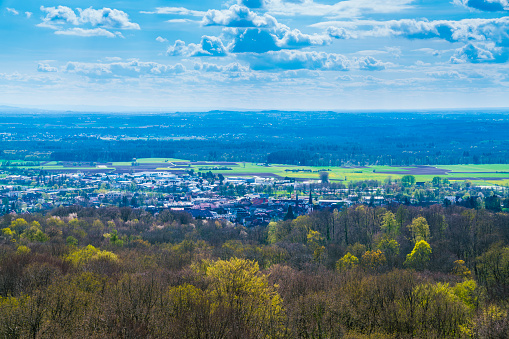 Germany, Emmendingen city houses and church, panorama view above tree tops and city on sunny day