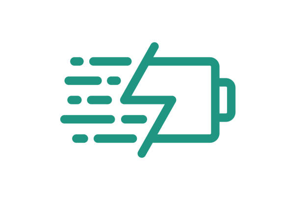 Fast electric charging battery icon. Quick electrical power accumulator charger symbol. Speed electricity charge linear sign. Express energy recharge green logo. Vector illustration Fast electric charging battery icon. Quick electrical power accumulator charger symbol. Speed electricity charge linear sign. Express energy recharge green logo. Vector eps illustration phone charging station icon stock illustrations