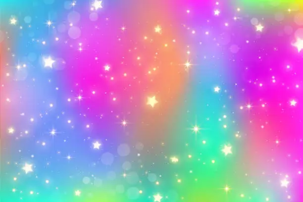 Vector illustration of Rainbow unicorn fantasy background with bokeh and stars. Holographic bright multicolored sky. Vector.