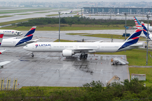 LATAM Boeing 777-300 parked at GRU Airport, 2 Nov, 2021, Sao Paulo, Brazil