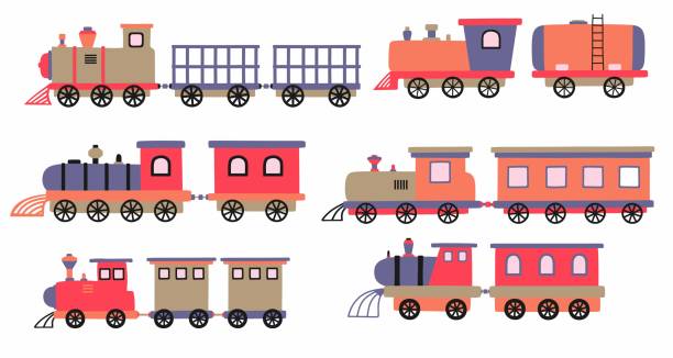 zestaw uroczego pociągu. ilustracja wektorowa - toy wagon train engine steam stock illustrations