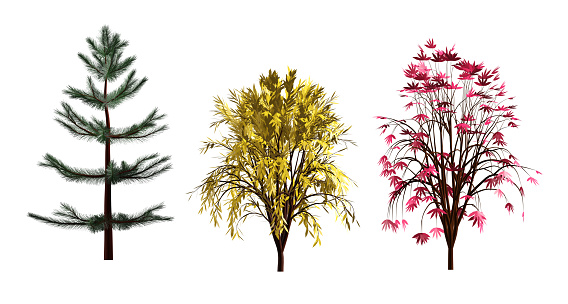 Autumn trees and Christmas tree. 3d illustration.
