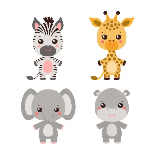 Vector illustration of Cute safari kawaii animal set.