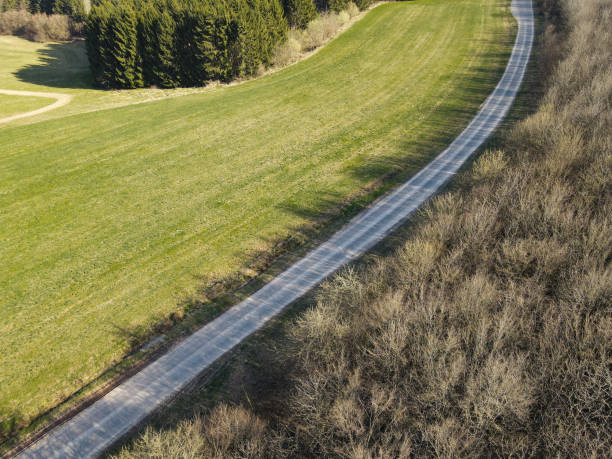 istock Top view of a winding road between a grass field and trees without leaves in spring 1399593117