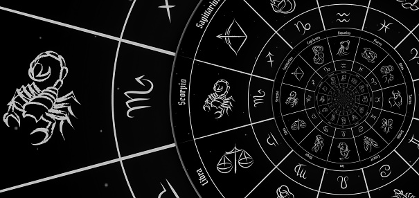 Zodiac Signs Horoscope background. Concept for fantasy and mystery - black
