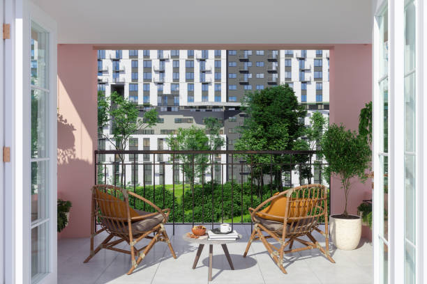 istock Modern Balcony With Coffee Table, Chairs, Potted Plant And Garden View 1399594403
