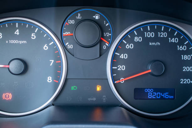 istock Fuel car gauge empty. Petrol tank meter car indicator on dashboard. Low gasoline level. Empty fuel gas gauge. 1399594618