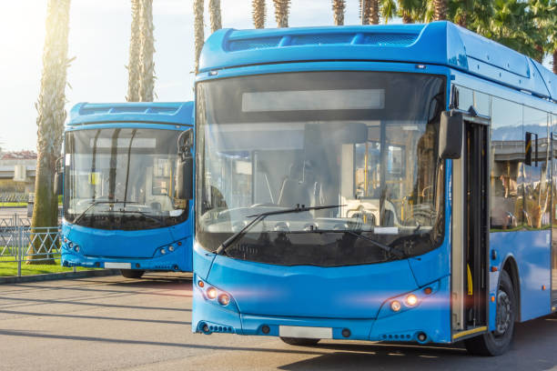 due autobus passeggeri urbani blu al capolinea degli autobus in attesa che i passeggeri partano per la linea di percorso. - depart foto e immagini stock