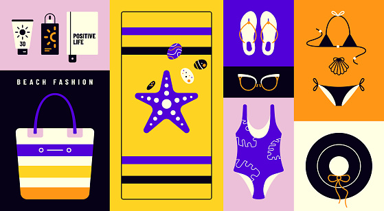 Sunscreen, self-help book, women's swimsuit, bikini, beach hat, sunglasses, beach slippers, beach towel, starfish, seashell, and sea stones are arranged around the beach bag. Vector illustration.