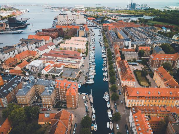 Christianshavn Canal in Copenhagen, Denmark by Drone stock photo
