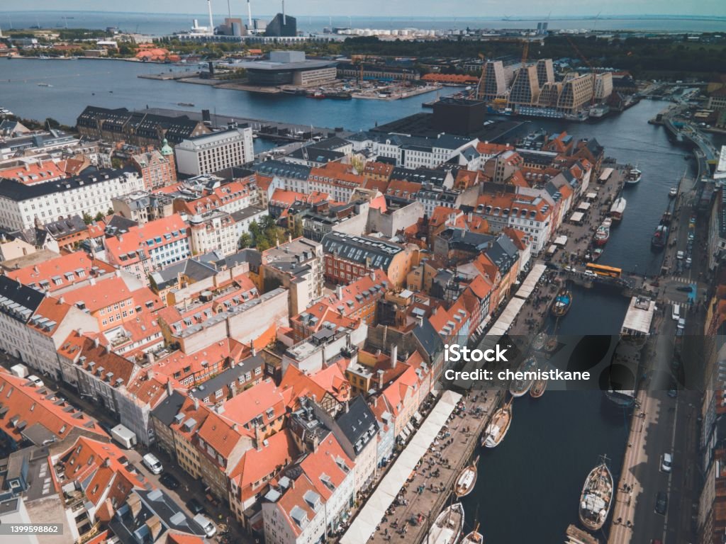 Nyhavn Harbor Denmark By Drone Stock Photo Download Image Now - Cities, Color Image, Copenhagen - iStock