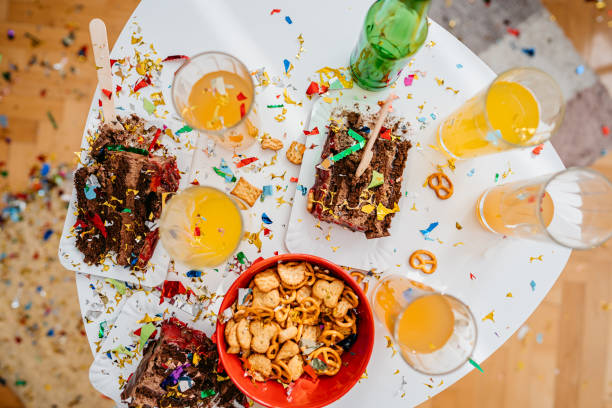 Birthday Cake, Snacks And Drinks On A Coffee Table