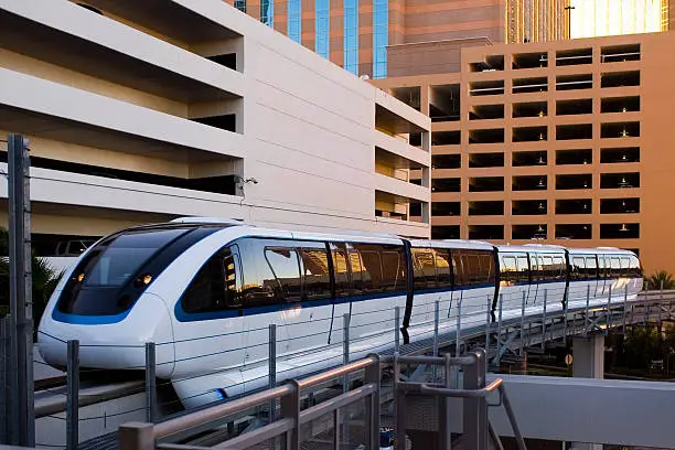 Mono rail pulling into station in Las Vegas