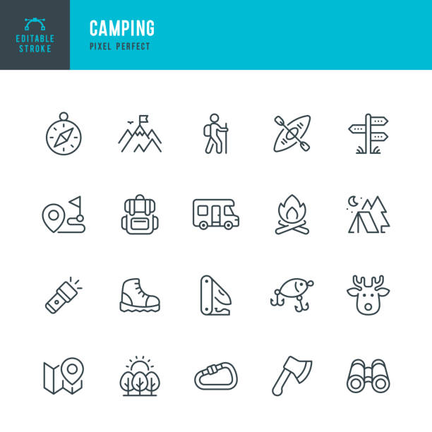 bildbanksillustrationer, clip art samt tecknat material och ikoner med camping - line vector icon set. pixel perfect. editable stroke. the set includes a camping, hiking, compass, mountain, fishing, tourism, carabiner, climbing, kayak, map, flashlight, backpack, tent, campfire, penknife, motor home, axe, hiking boot, deer, d - fotvandra