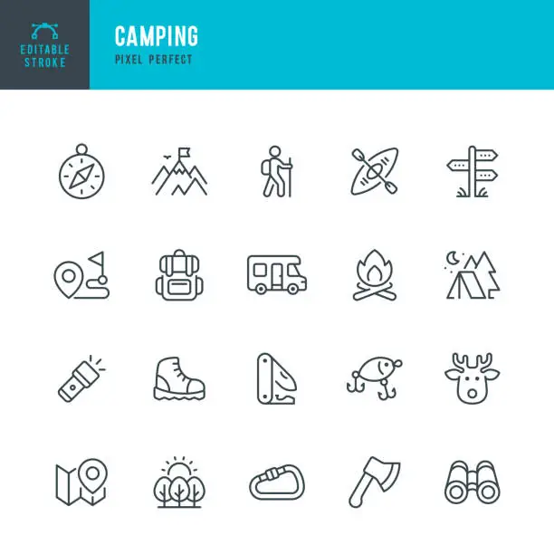 Vector illustration of Camping - line vector icon set. Pixel perfect. Editable stroke. The set includes a Camping, Hiking, Compass, Mountain, Fishing, Tourism, Carabiner, Climbing, Kayak, Map, Flashlight, Backpack, Tent, Campfire, Penknife, Motor Home, Axe, Hiking Boot, Deer, D