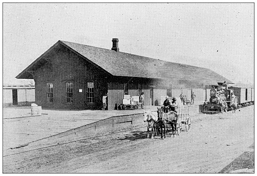 Antique photograph from Lawrence, Kansas, in 1898: Santa Fe route Freight Depot