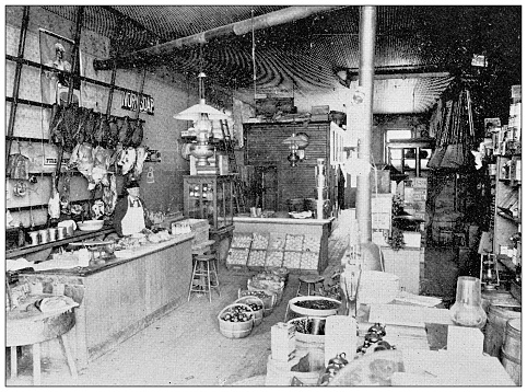 Antique photograph from Lawrence, Kansas, in 1898: Pease's store and meat market