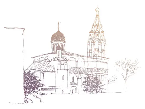 Vector illustration of Vector traced linear sketch, a church in the ancient Russian style with onion dome and a bell tower with a hipped roof. Vintage gold colored Ink and pen hand drawn landscape