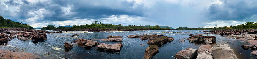 Panoramic view of the Tellico River with blue, mostly sunny sky.