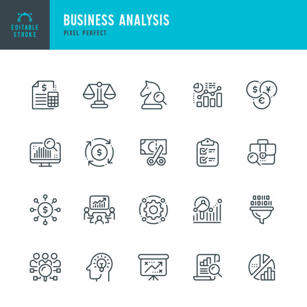 Business Analysis - line vector icon set. Pixel perfect. Editable stroke. The set includes a Portfolio Analyzing, Balance, Budget, Solution, Financial Report, Meeting, Funding, Data Filtration, Strategy Research, Diagram, Strategy, Weight Scale, Money Flo Business Analysis - line vector icon set. 20 icons. Pixel perfect. Editable outline stroke. The set includes a Portfolio Analyzing, Balance, Budget, Solution, Financial Report, Meeting, Funding, Data Filtration, Strategy Research, Diagram, Strategy, Weight Scale, Money Flow. analyzing stock illustrations