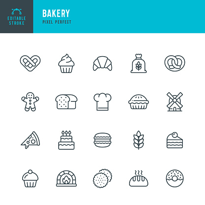 Bakery - line vector icon set. 20 icons. Pixel perfect. Editable outline stroke. The set includes a Bakery, Bread, Cake, Doughnut, Muffin, Sweet Pie, Pizza, Pretzel, Cupcake, Macaroon, Croissant, Cookie, Flour, Wheat, Windmill