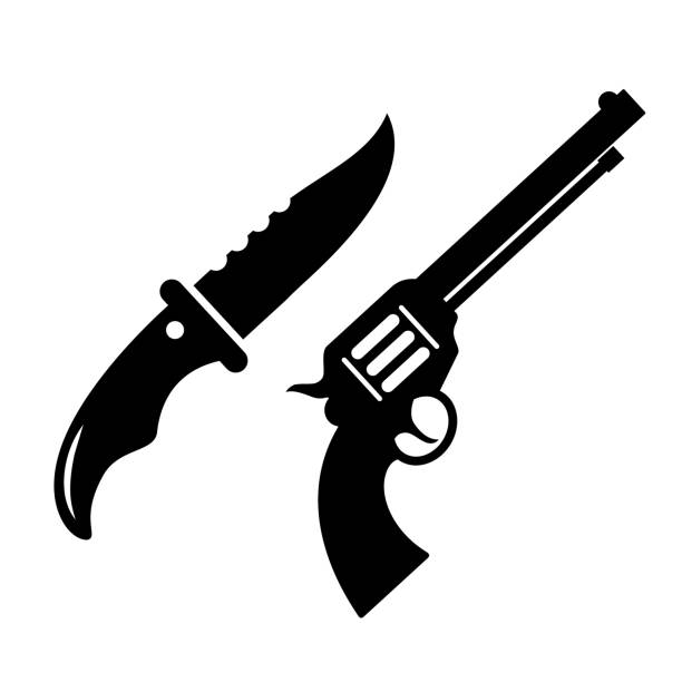 Weapon icon, knife and gun vector silhouettes Weapon icons, knife and gun vector signs isolated on white background pistol clipart stock illustrations