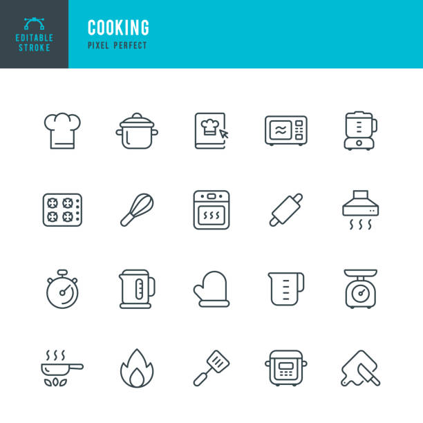 ilustrações de stock, clip art, desenhos animados e ícones de cooking - line vector icon set. pixel perfect. editable stroke. the set includes a chef's hat, recipe, oven, stove, cooking pan, saucepan, blender, multicooker, kettle, microwave, wire whisk, rolling pin, spatula, cutting board, kitchen knife, kitchen hoo - pan