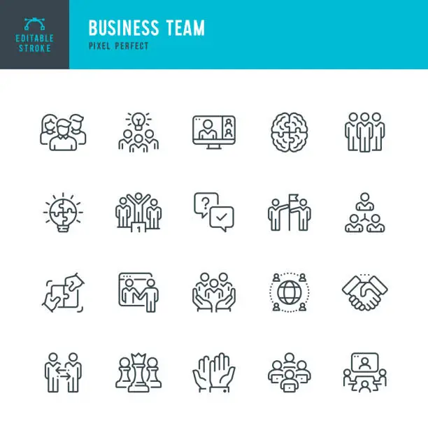 Vector illustration of Business Team - line vector icon set. Pixel perfect. Editable stroke. The set includes a Organized Group, Group Of People, Team, Coworkers, Diversity, Team Building, Handshake, Jigsaw Piece, Meeting, Manager, Education Training Class, Cooperation, Voting,