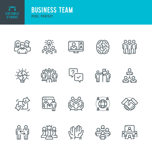 Business Team - line vector icon set. 20 icons. Pixel perfect. Editable outline stroke. The set includes a Organized Group, Group Of People, Team, Coworkers, Diversity, Team Building, Handshake, Jigsaw Piece, Meeting, Manager, Education Training Class, Cooperation, Voting, Brainstorming.