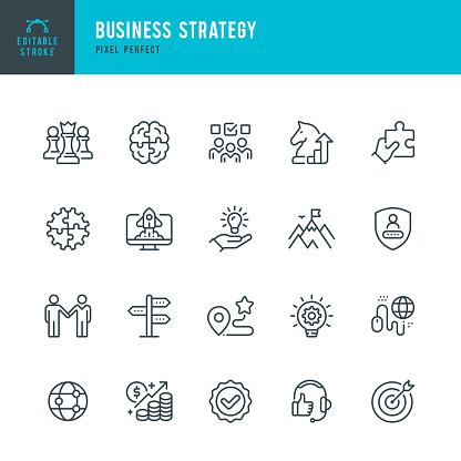 Business Strategy - line vector icon set. 20 icons. Pixel perfect. Editable outline stroke. The set includes a Strategy of Growth, Teamwork, Brainstorming, Mountain Peak, Gear, Chess Queen, Leadership, Jigsaw Piece, Personal Safety, Check Mark, Cooperation.